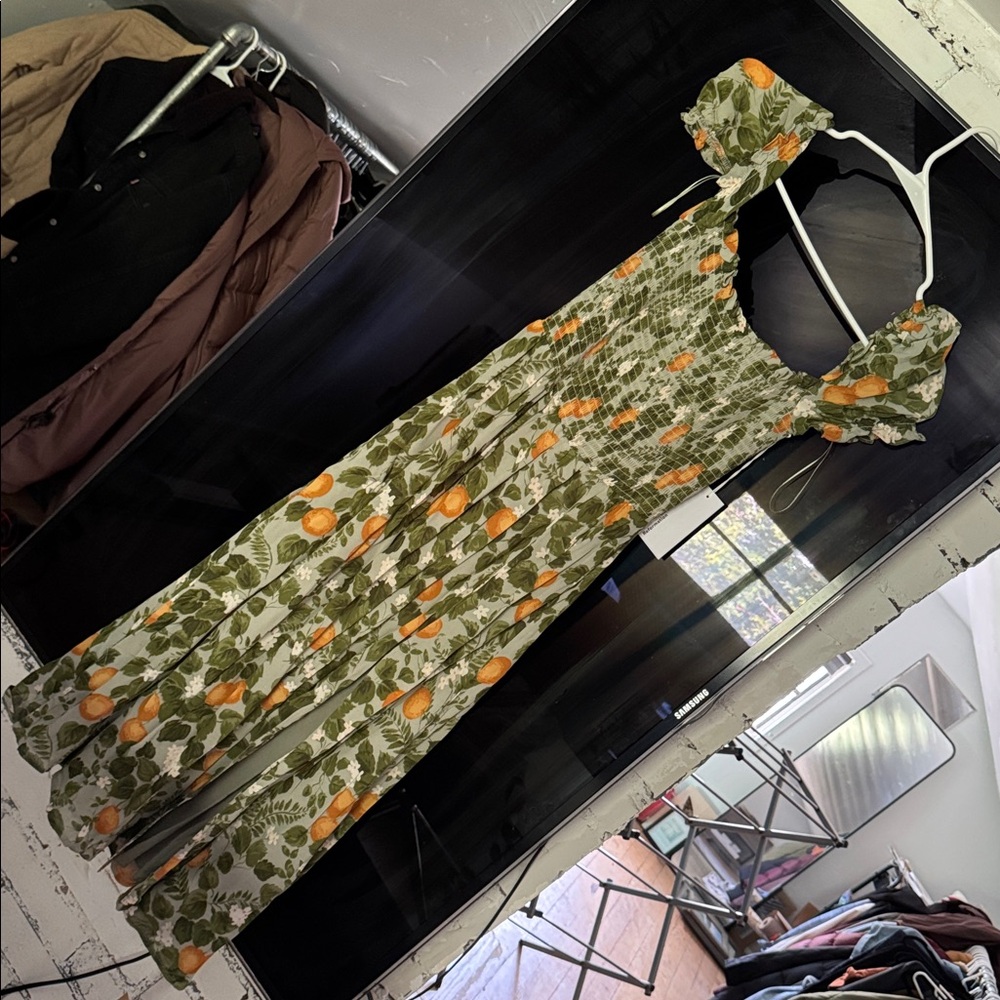 Reformation Inka Dress - Floral Midi Dress with Orange and Green Pattern